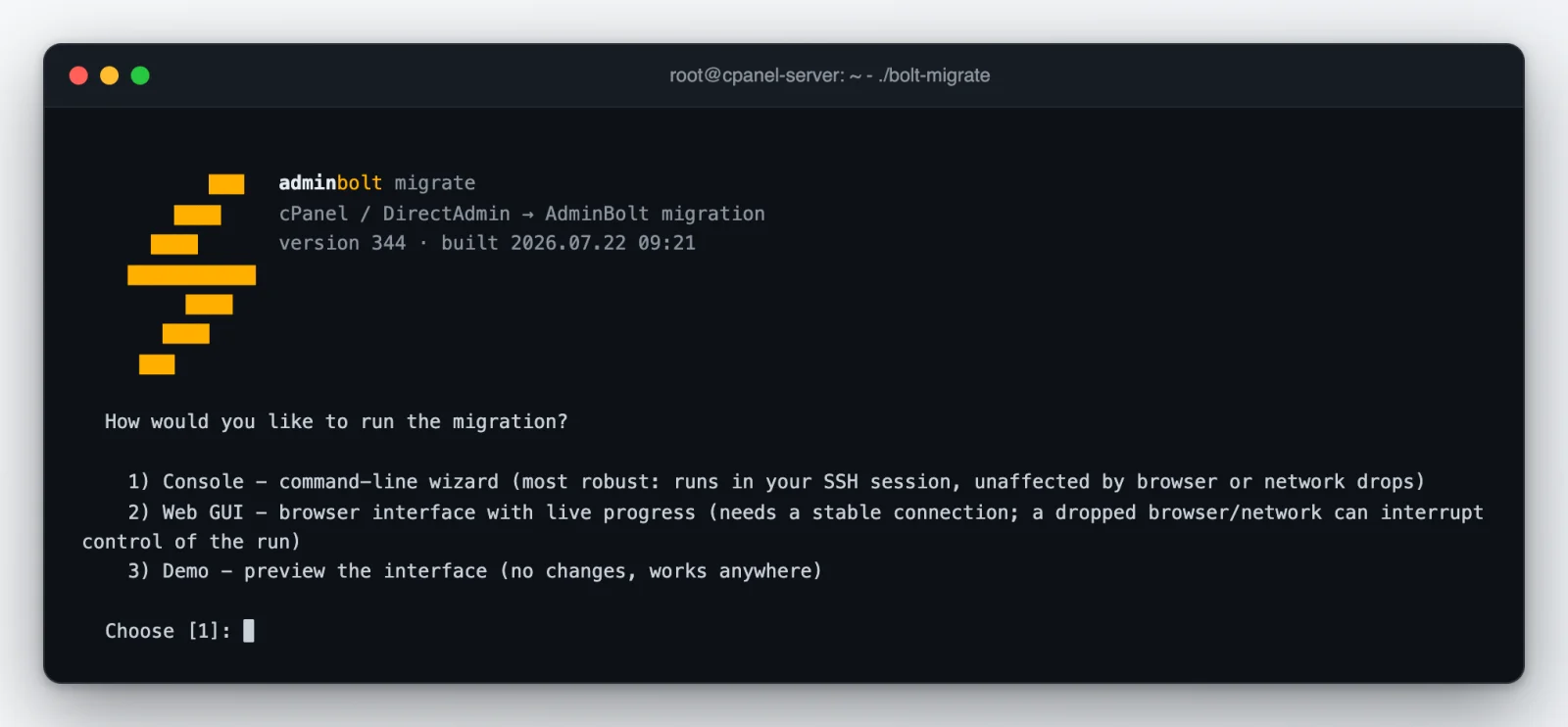 bolt-migrate started in a terminal, showing the AdminBolt banner and the choice between console wizard, web GUI and demo mode