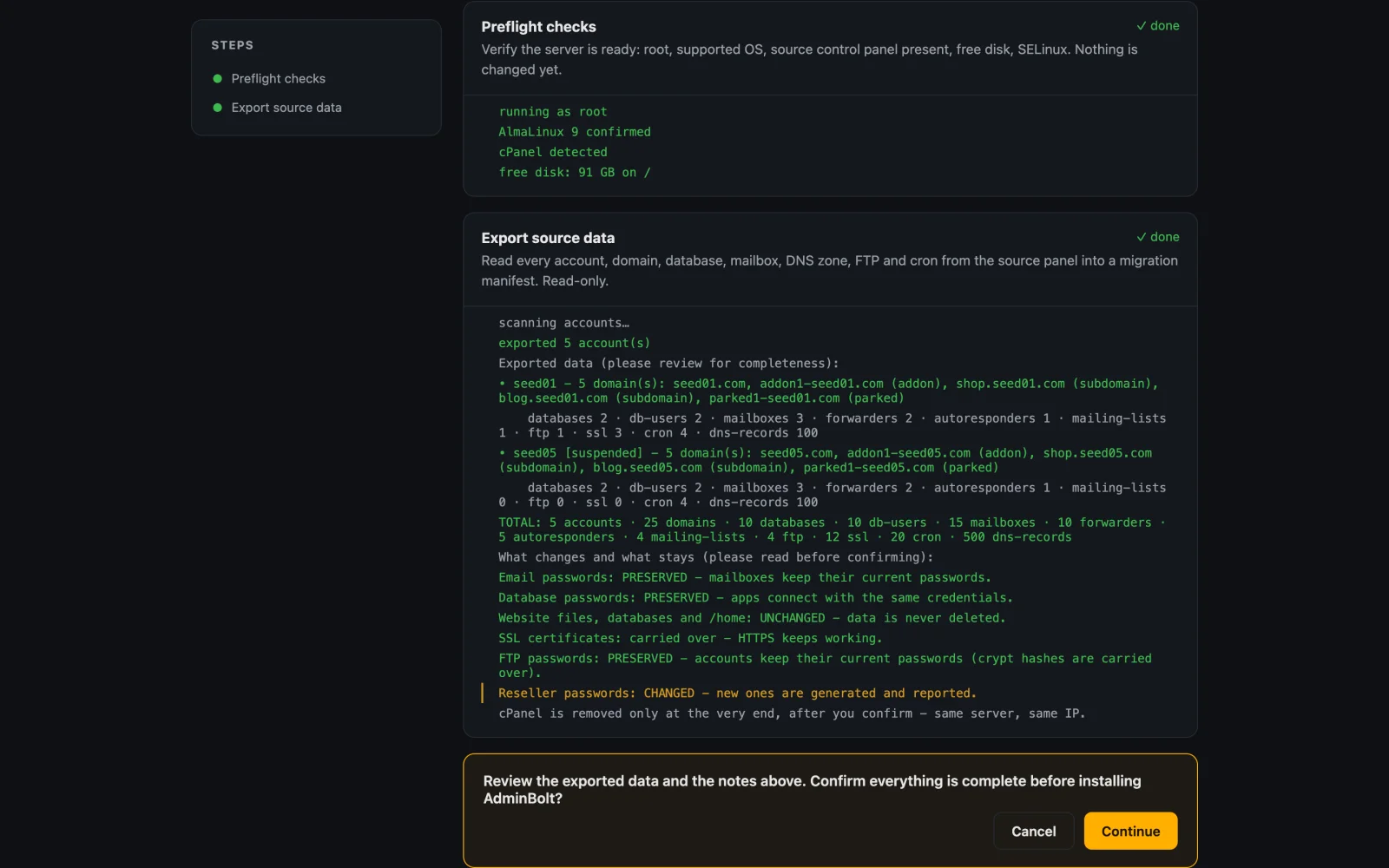 The export summary in the web wizard: accounts with their domains, databases, mailboxes and DNS records, the notes on what stays unchanged and the inline confirmation gate