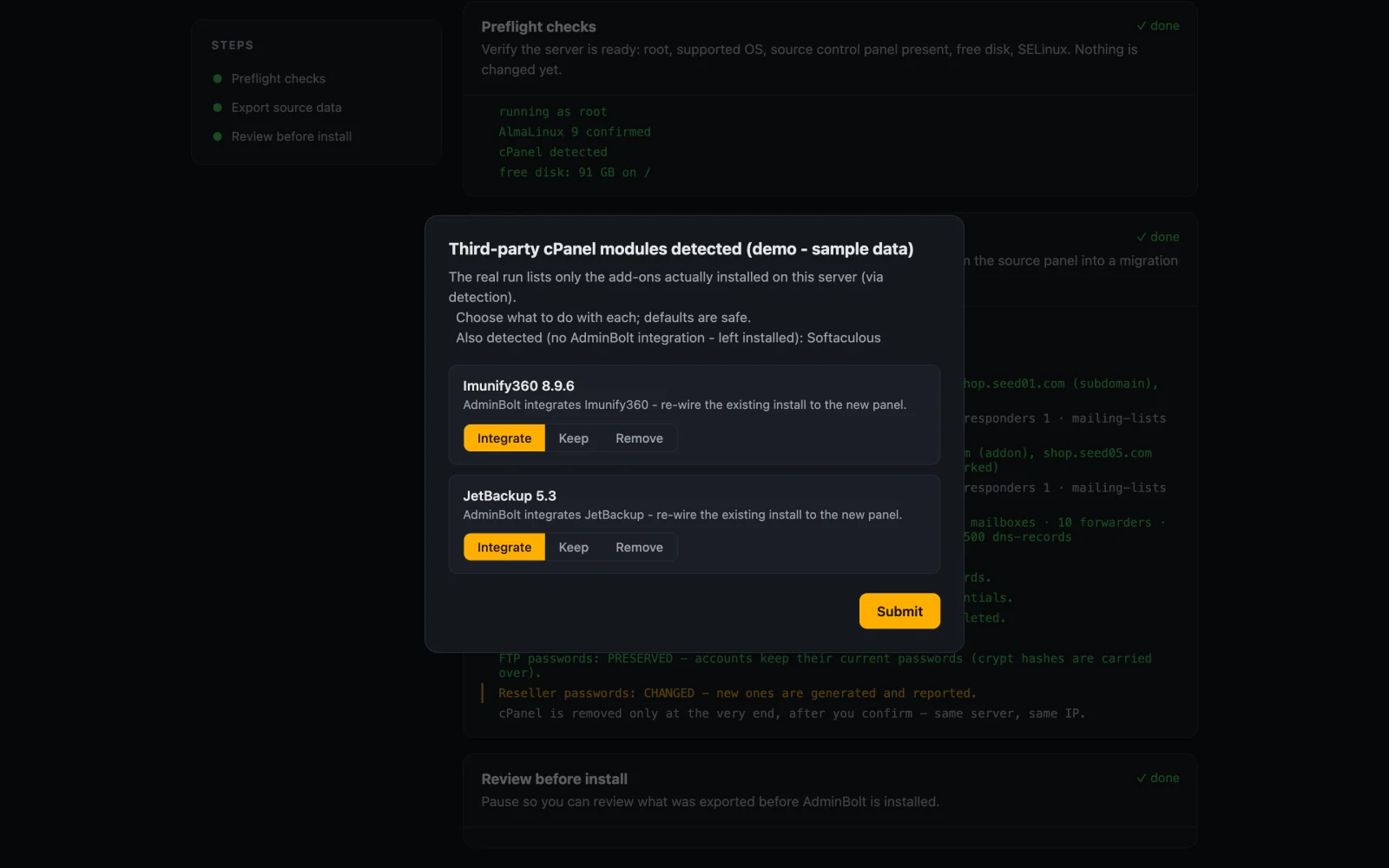 The third-party module picker in the web wizard, offering integrate, keep or remove choices for Imunify360 and JetBackup