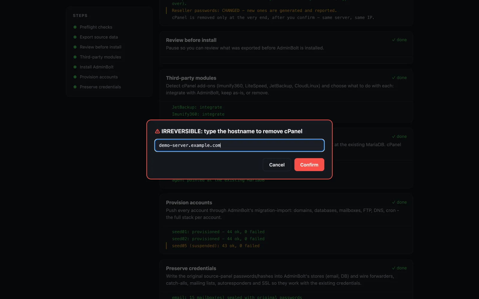 The final confirmation gate: a red modal demanding the exact server hostname be typed before cPanel is removed
