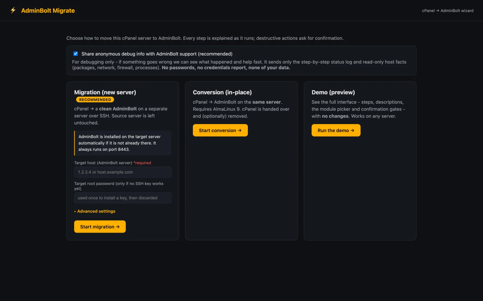 The bolt-migrate web wizard start screen with three cards: migration to a new server, in-place conversion and demo preview