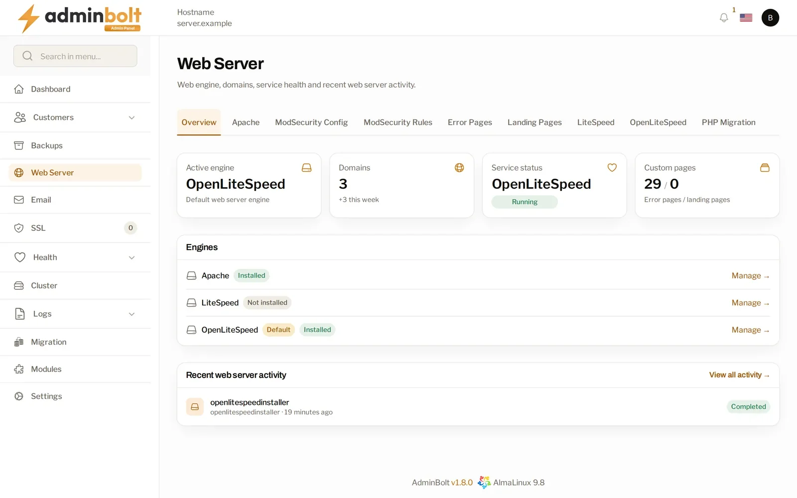 The Web Server overview naming OpenLiteSpeed as the active engine, with Apache, LiteSpeed and OpenLiteSpeed listed and their install state