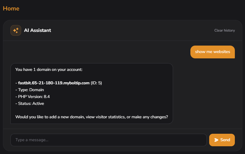 Structured response to "show me websites", table with domain example.com, ID, PHP 8.4, Active status
