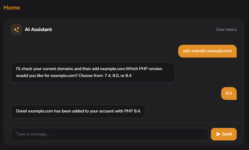 Multi-turn conversation, user types "add website example.com", AI asks which PHP version, user answers 8.4, AI confirms creation