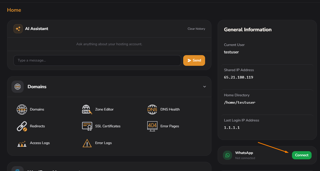 Dashboard with the WhatsApp Connect button highlighted
