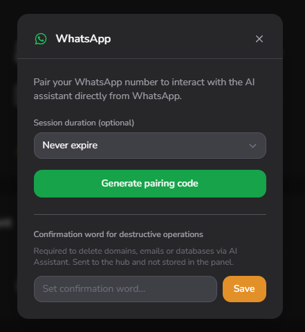 WhatsApp pairing modal, session duration dropdown (Never expire / 1 day / 7 days / 30 days), confirmation word input, Generate pairing code button