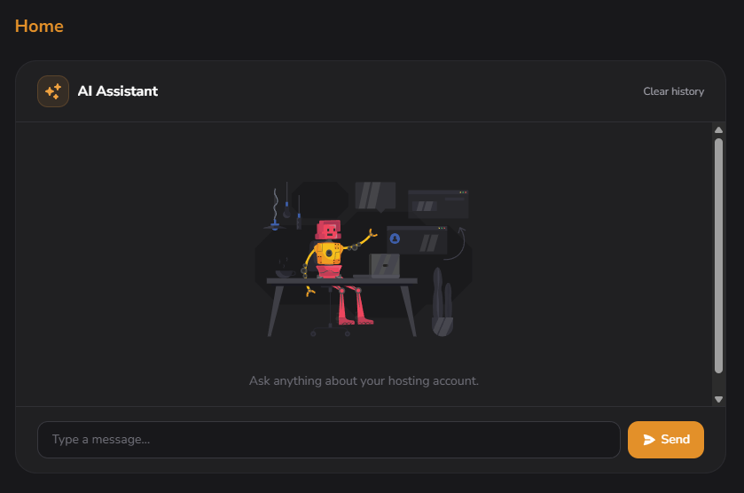AdminBolt AI Assistant widget on the client dashboard, empty state with prompt input and Connect WhatsApp action