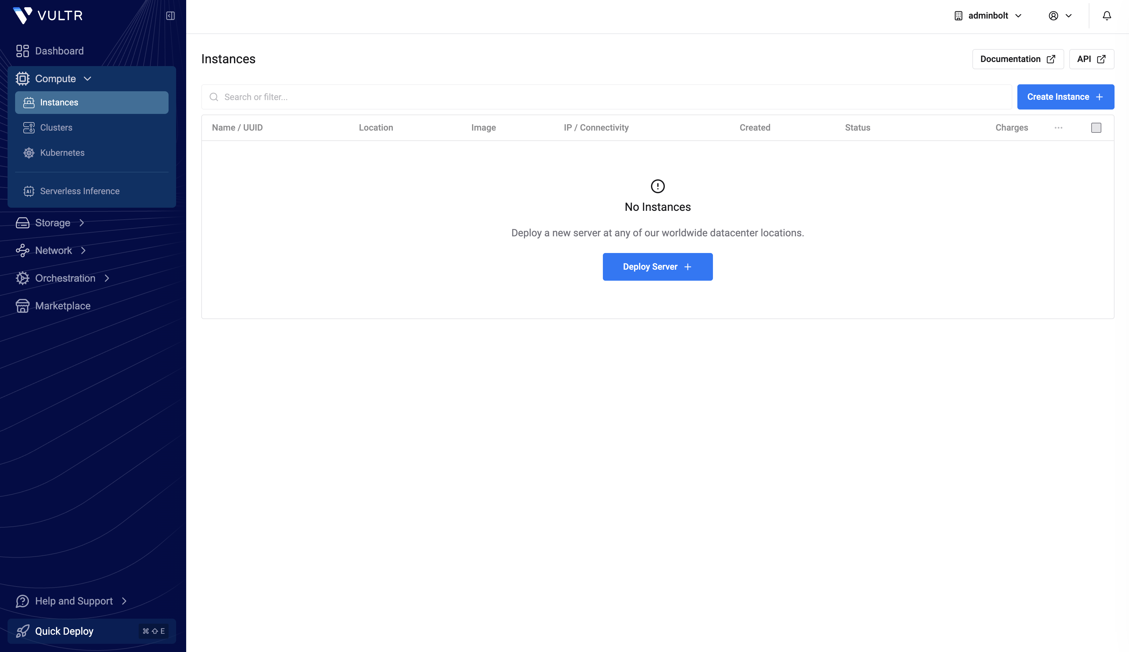 Vultr Compute Instances page with the Deploy Server button