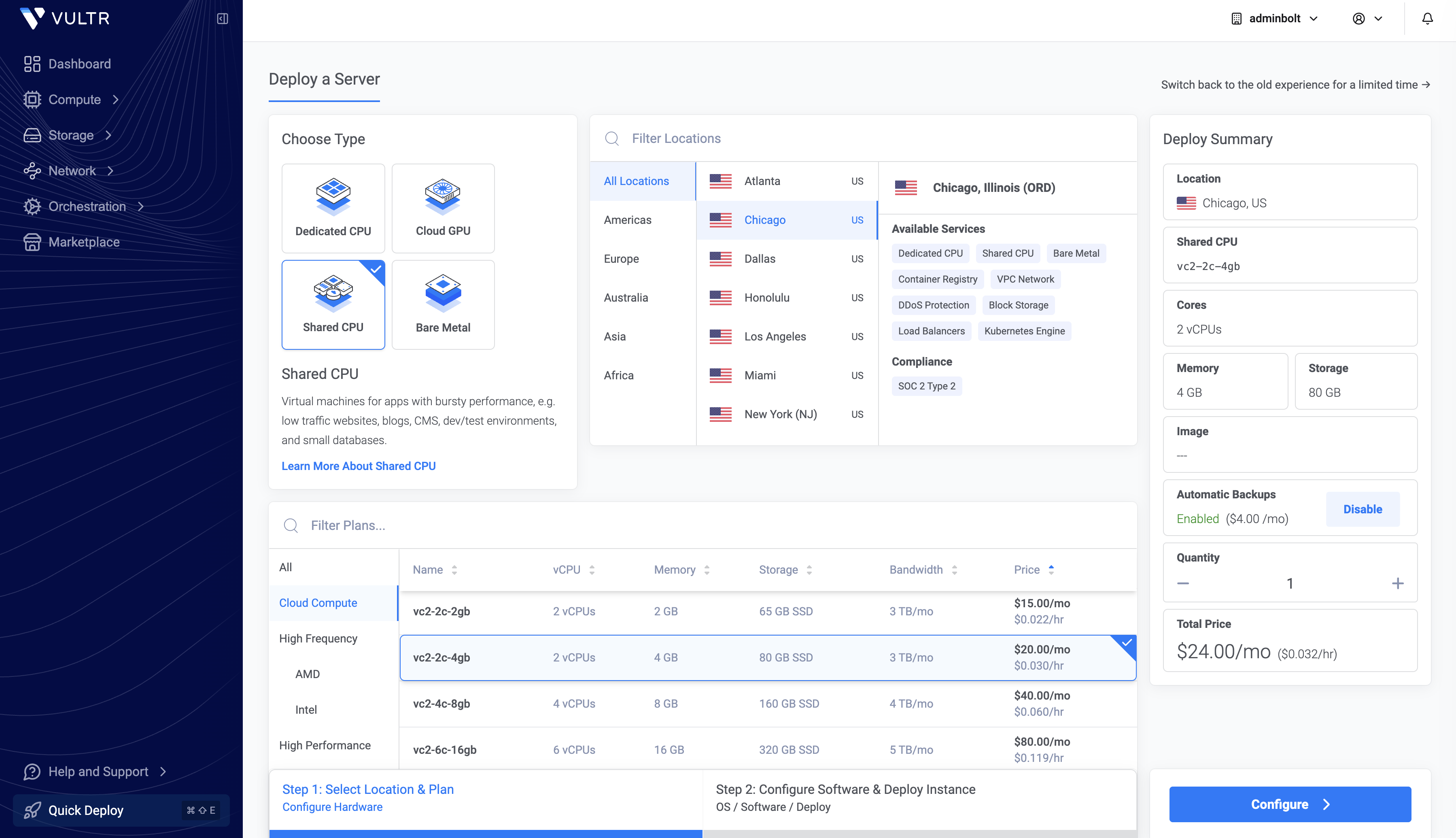 Vultr deploy wizard with Shared CPU, Chicago, and the vc2-2c-4gb plan selected