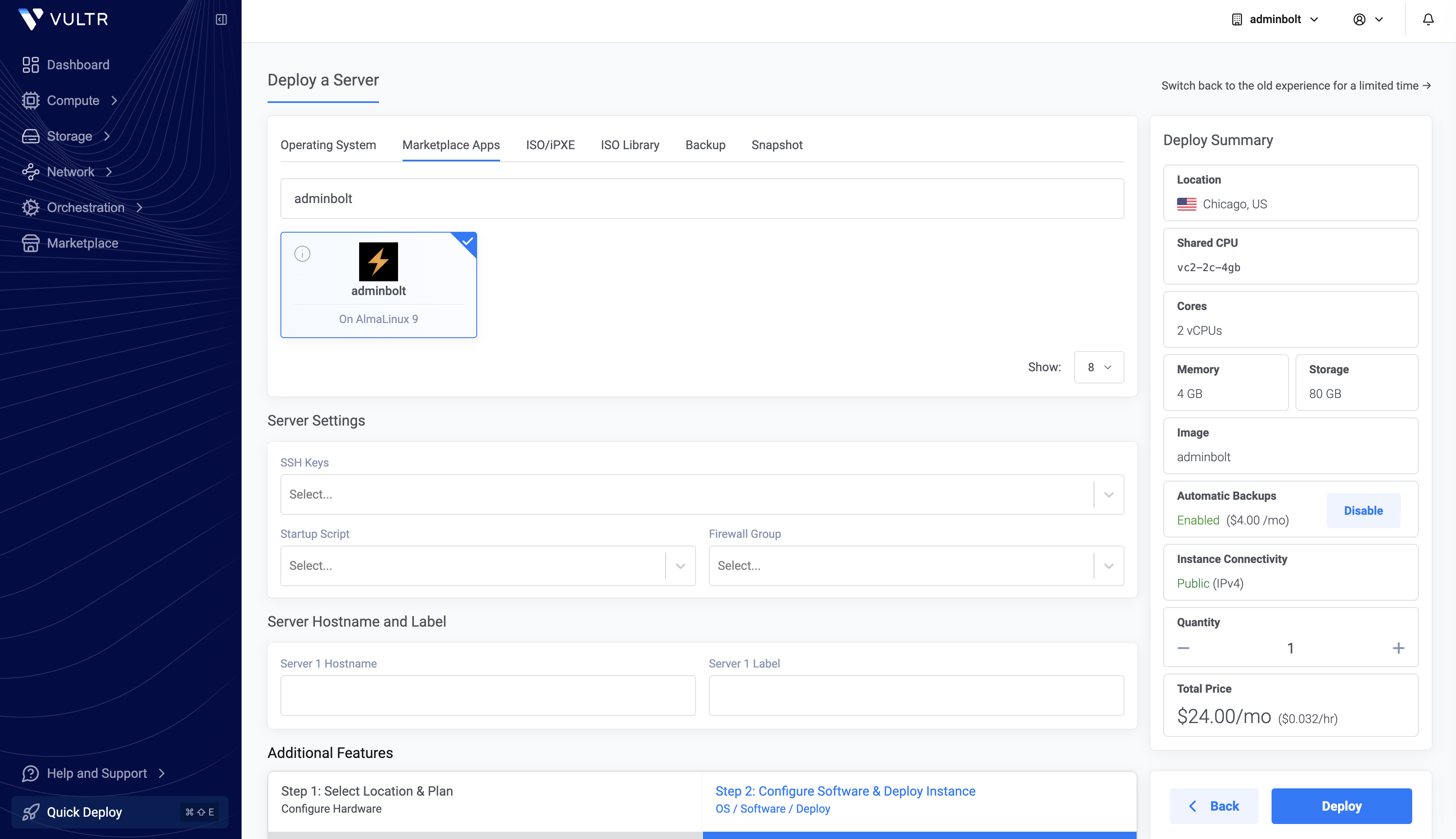 Vultr Marketplace Apps tab with the AdminBolt tile selected after searching