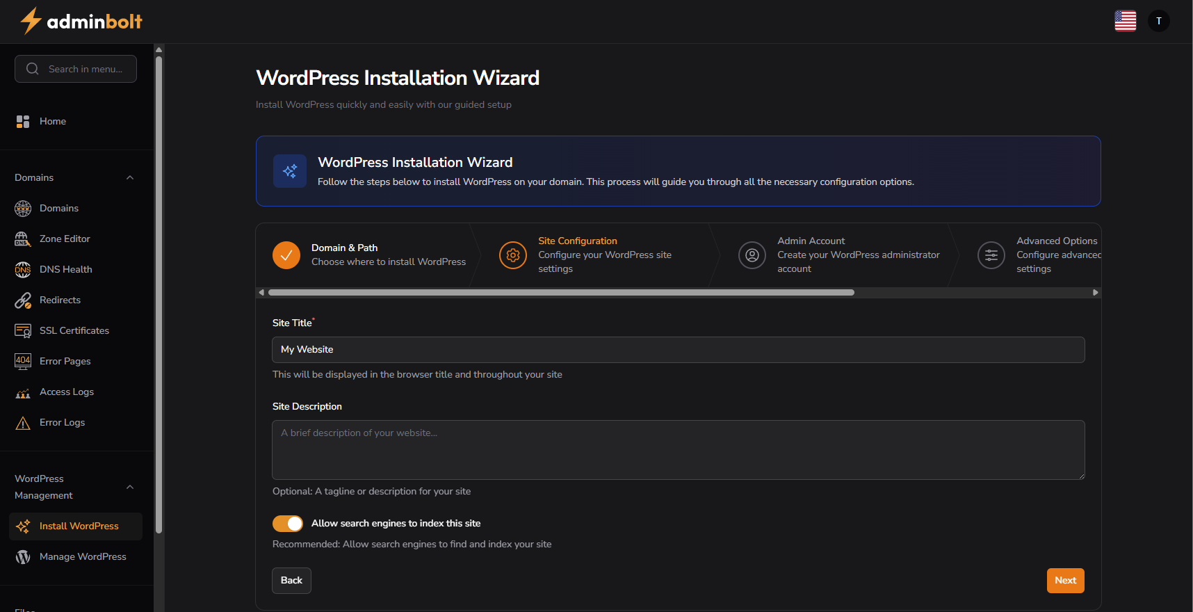 Site Configuration step - title, description, search indexing toggle