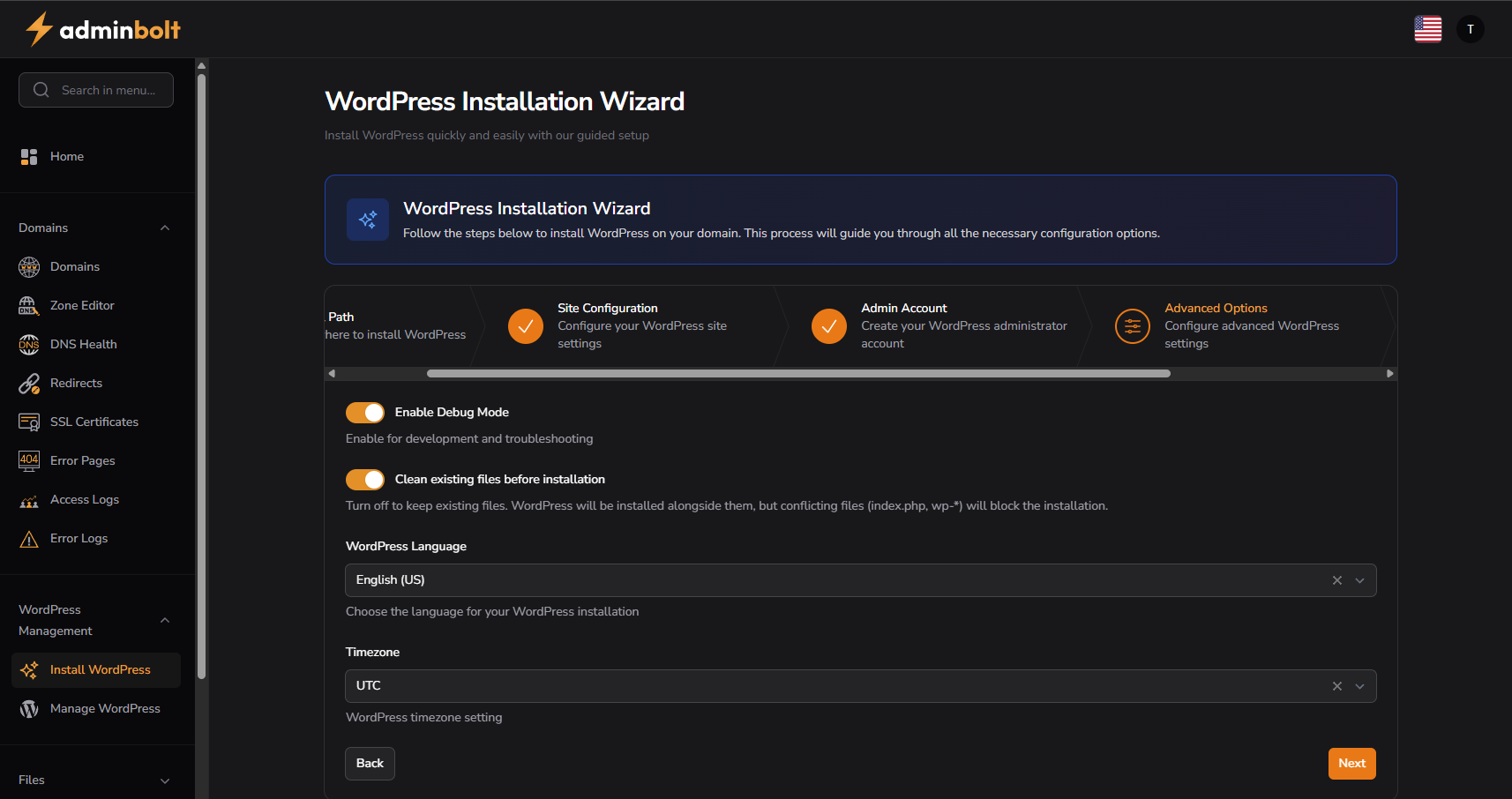 Advanced Options step - debug, clean files, language, timezone