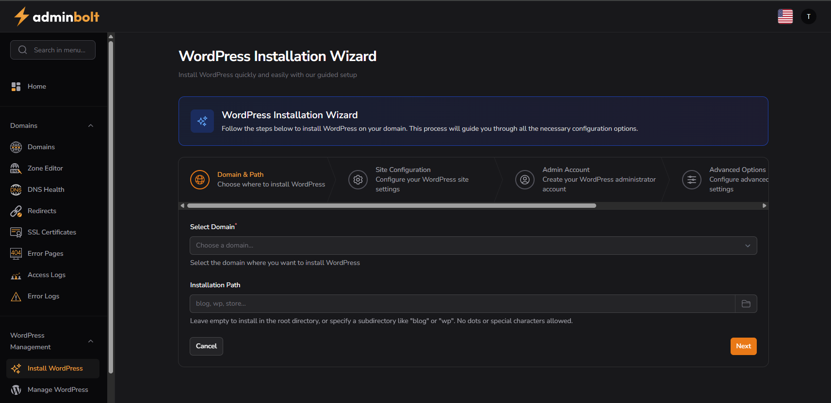 WordPress install wizard - Domain & Path step